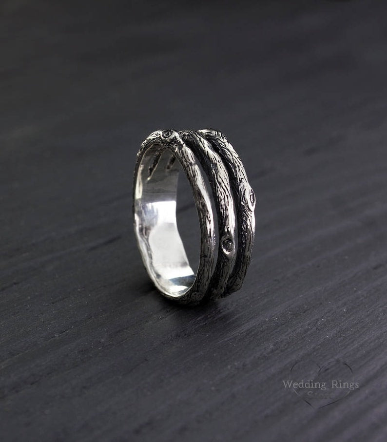 Tree Unique Silver Wedding Band — Men's Branch Wedding Ring