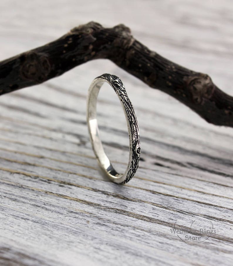 Simple Tree bark textured Sterling Silver Thin Wedding Band