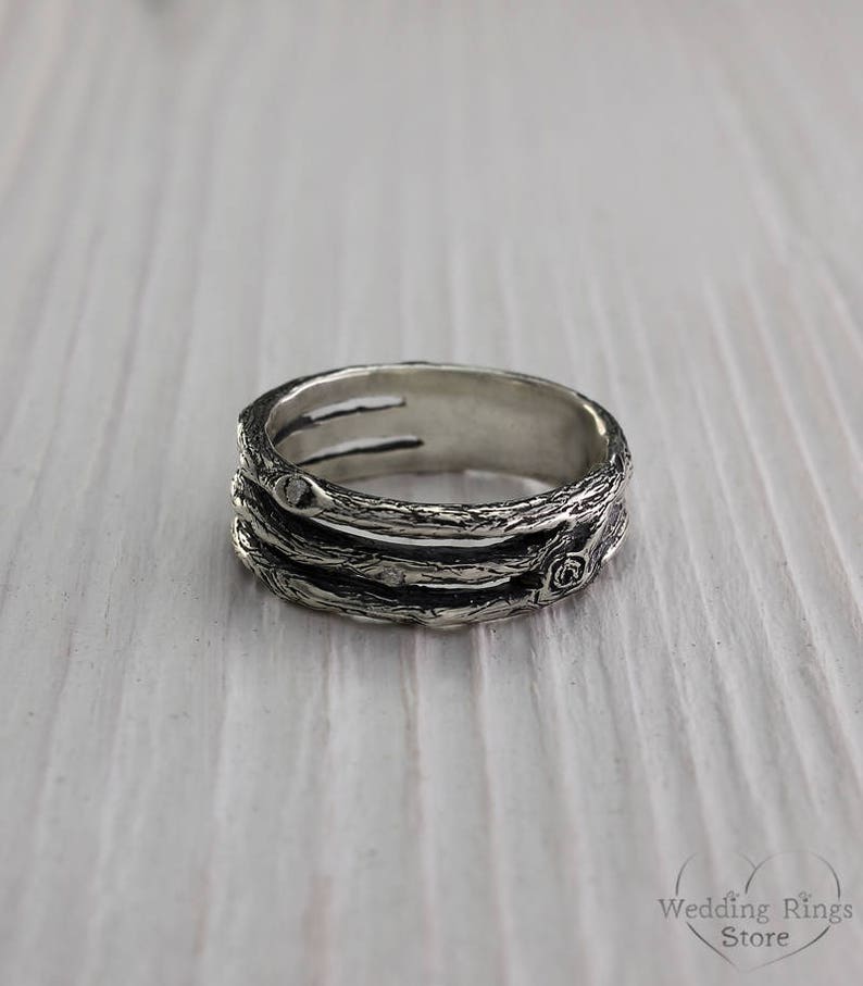 Tree Unique Silver Wedding Band — Men's Branch Wedding Ring