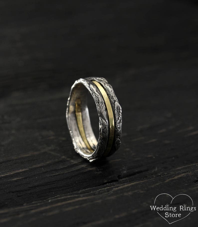 Gold Strip and Silver Branch Wedding Band with Leaves