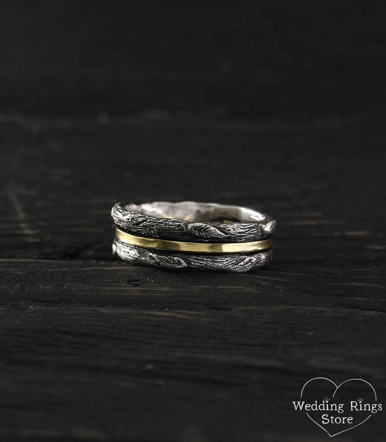 Gold Strip and Silver Branch Wedding Band with Leaves