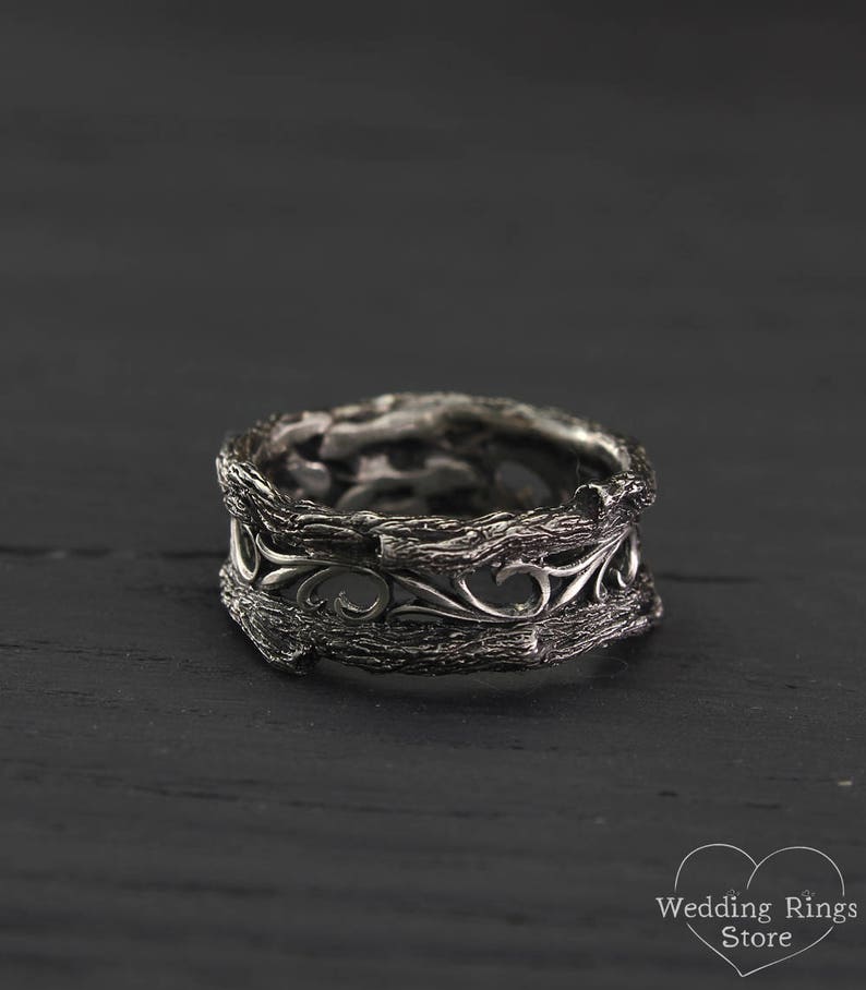 Men's Vintage Style Tree Silver Wedding Ring