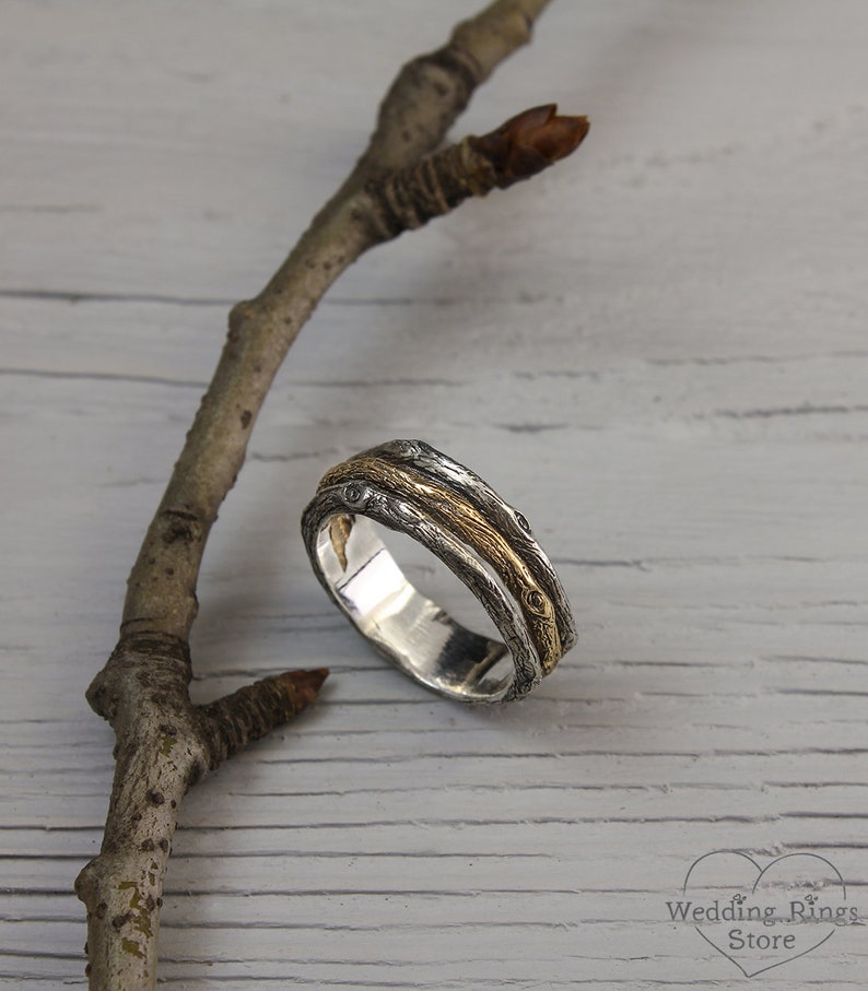 Unique Tree Band in mixed metals — Men's Branch Wedding Band