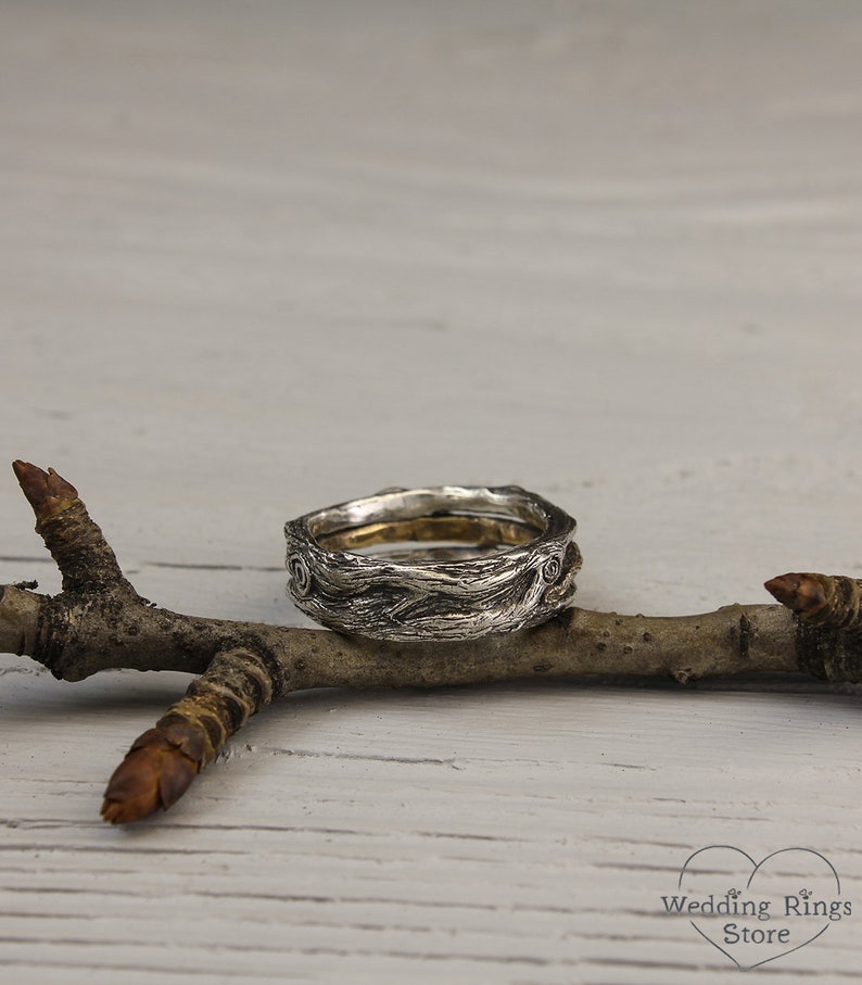 Unique Tree Band in mixed metals — Men's Branch Wedding Band