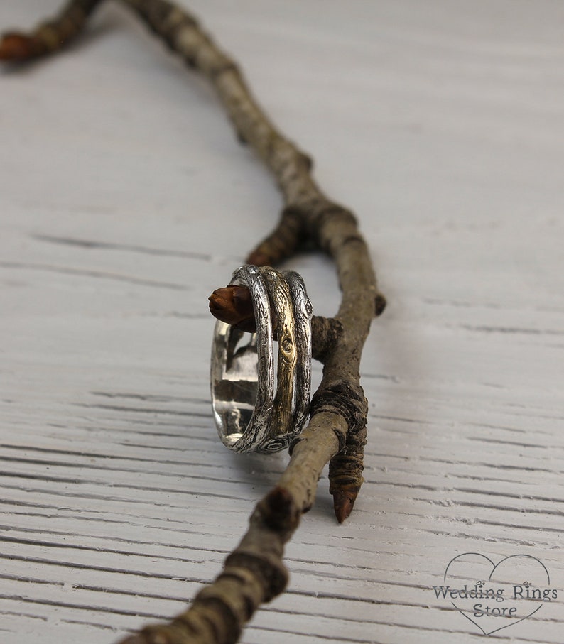 Unique Tree Band in mixed metals — Men's Branch Wedding Band