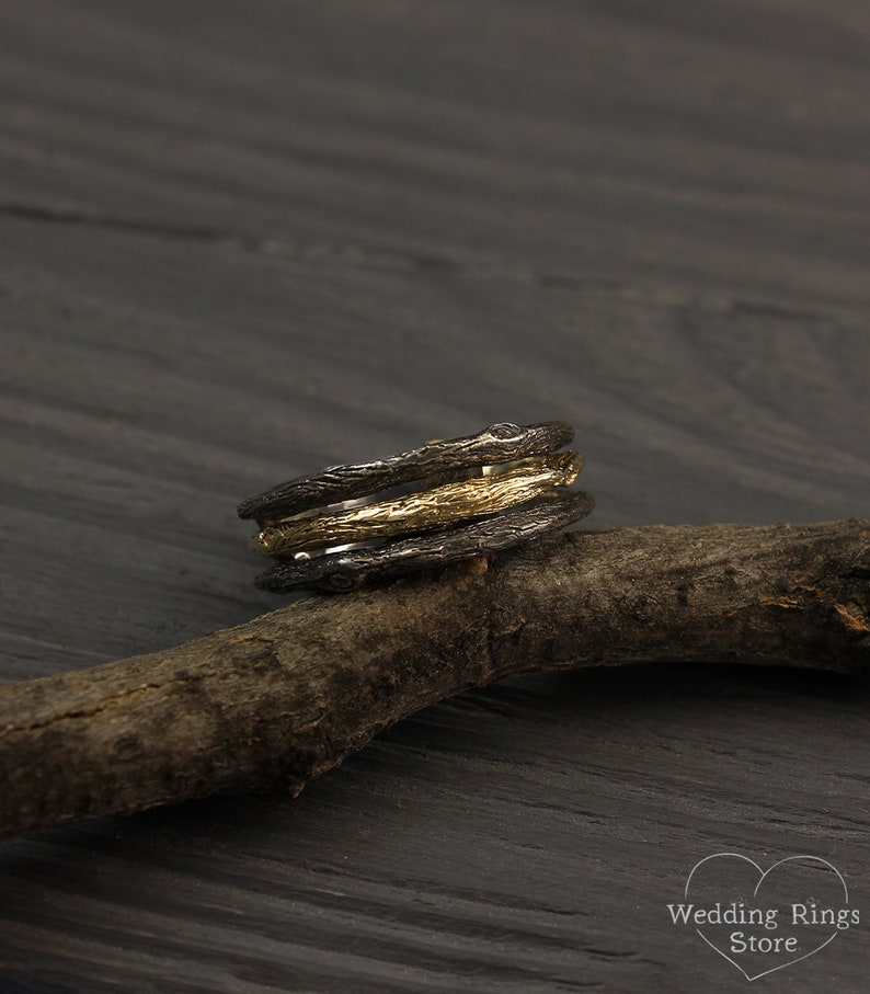 Unique Tree Band in mixed metals — Men's Branch Wedding Band