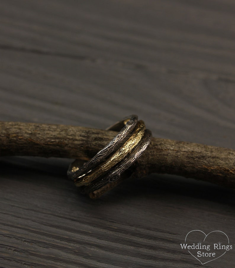 Unique Tree Band in mixed metals — Men's Branch Wedding Band