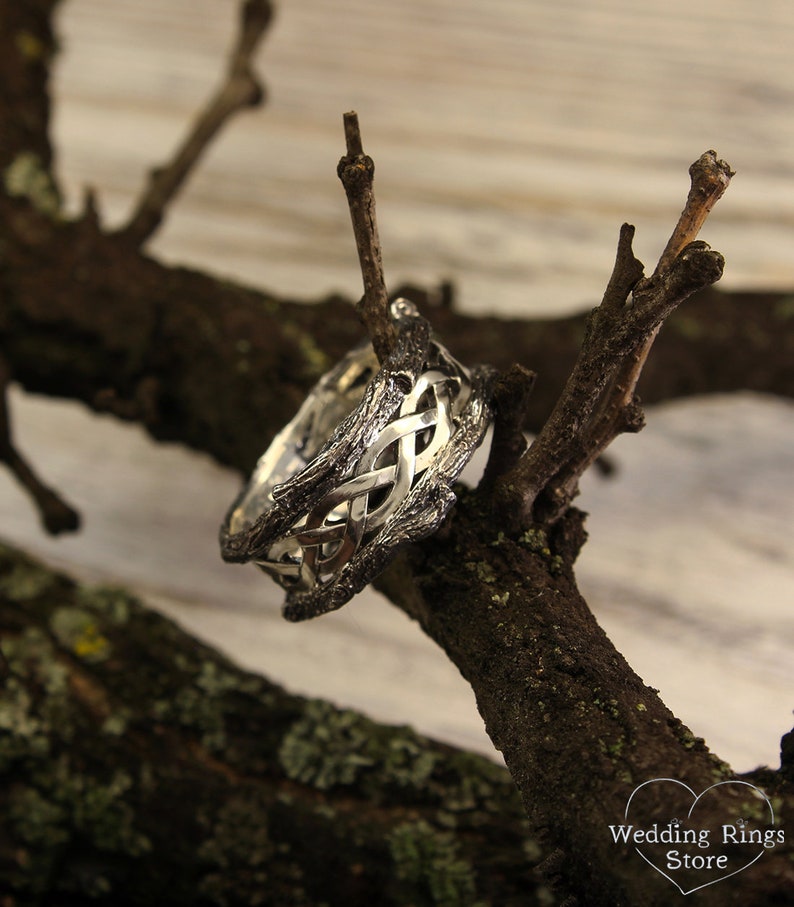 Mens Silver braided Tree Wedding Band Ring