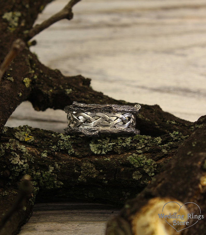 Mens Silver braided Tree Wedding Band Ring