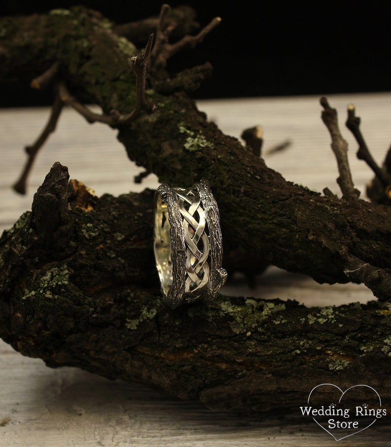 Mens Silver braided Tree Wedding Band Ring