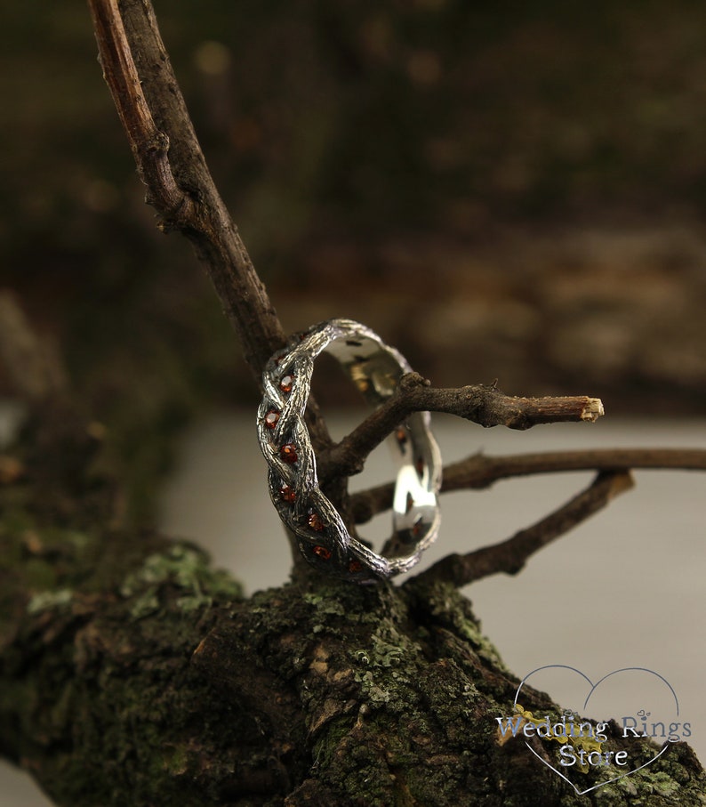 Twist Fine Silver Tree Wedding Band with Garnet