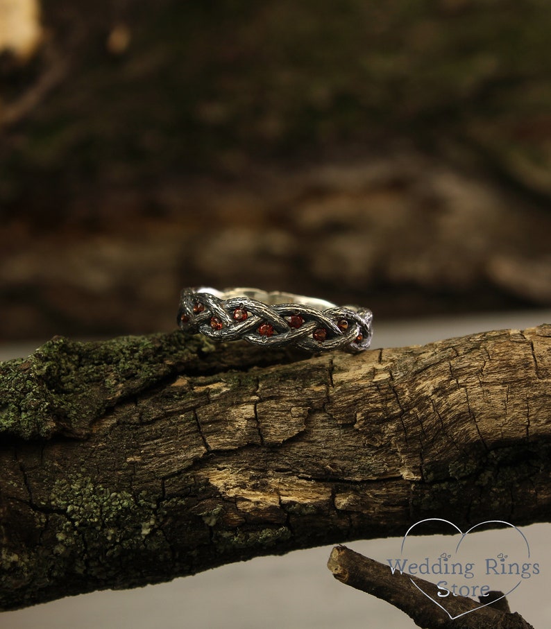 Twist Fine Silver Tree Wedding Band with Garnet