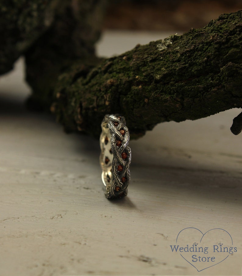 Twist Fine Silver Tree Wedding Band with Garnet