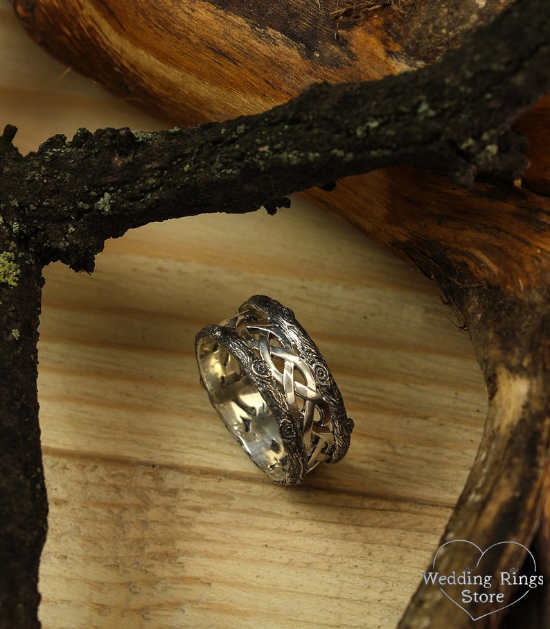 Braided pattern & Forest Wood bark Silver Wedding Ring