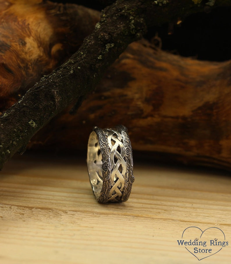 Braided pattern & Forest Wood bark Silver Wedding Ring