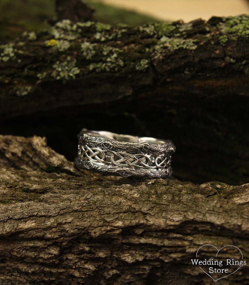 Unique Silver Tree bark Wedding Band with Celtic pattern