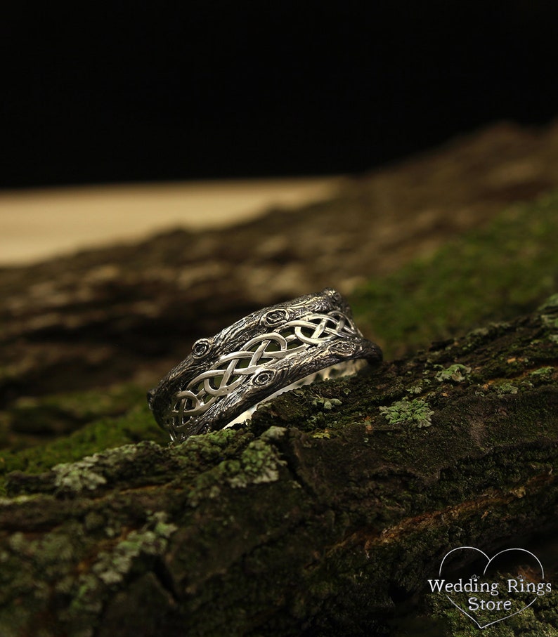 Unique Silver Tree bark Wedding Band with Celtic pattern