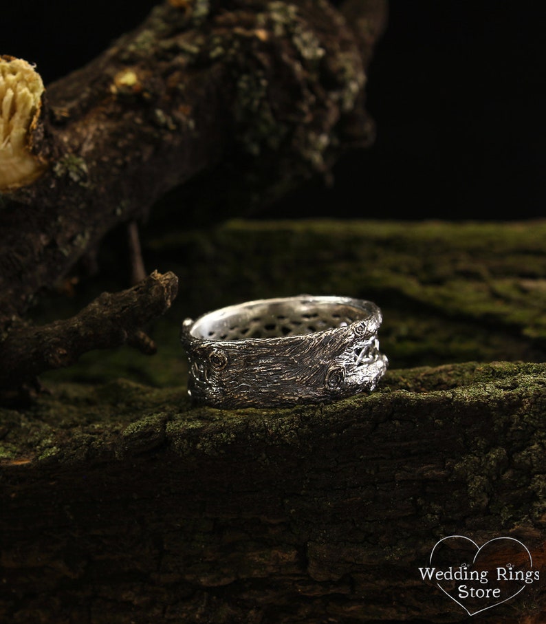 Unique Silver Tree bark Wedding Band with Celtic pattern