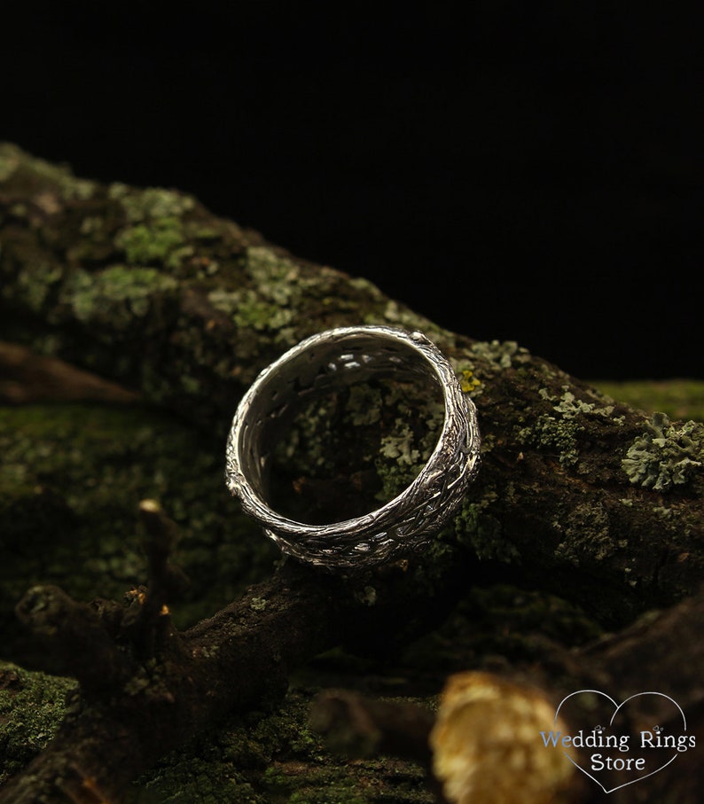 Unique Silver Tree bark Wedding Band with Celtic pattern