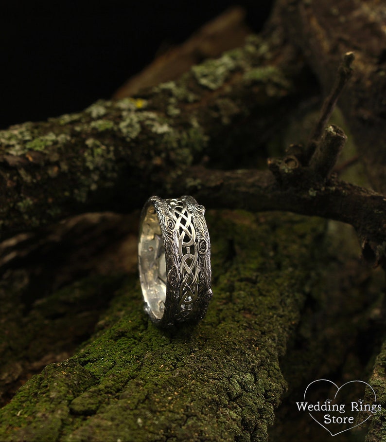 Unique Silver Tree bark Wedding Band with Celtic pattern