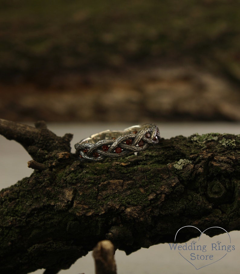 Twist Fine Silver Tree Wedding Band with Garnet