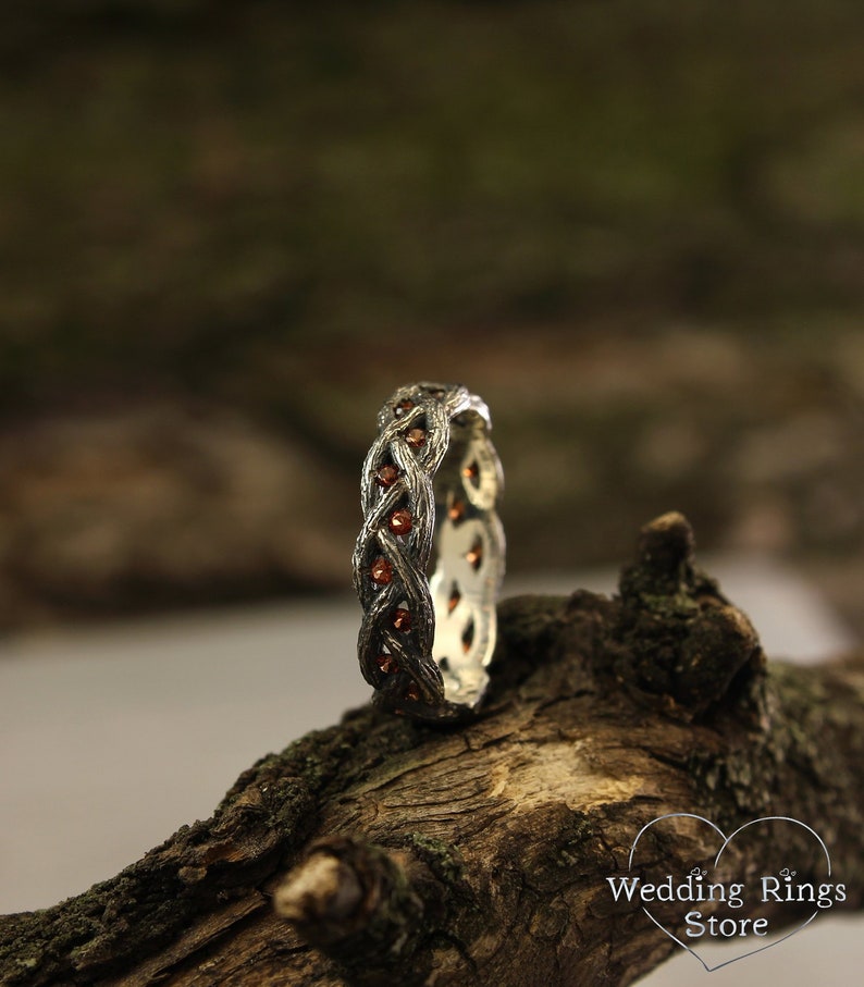 Twist Fine Silver Tree Wedding Band with Garnet