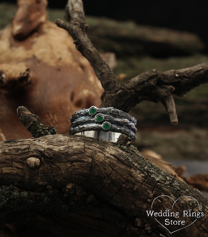 Wide Silver Woodbark Knots and Three Emeralds Wedding Ring