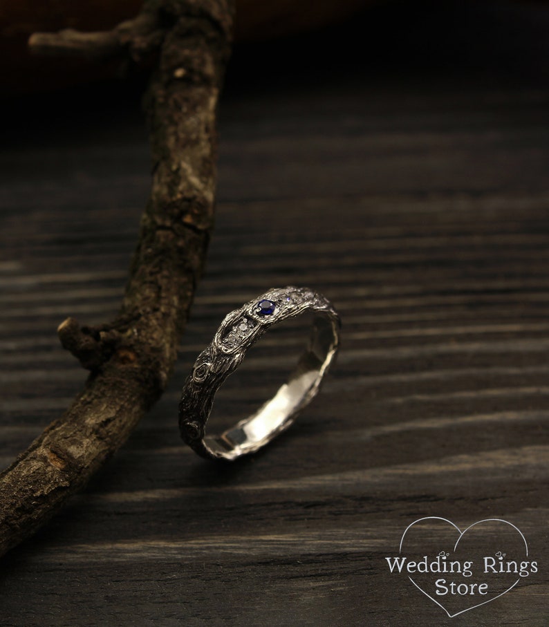 Unusual Tree bark Sapphire Wedding Ring adorned with side CZ Accents