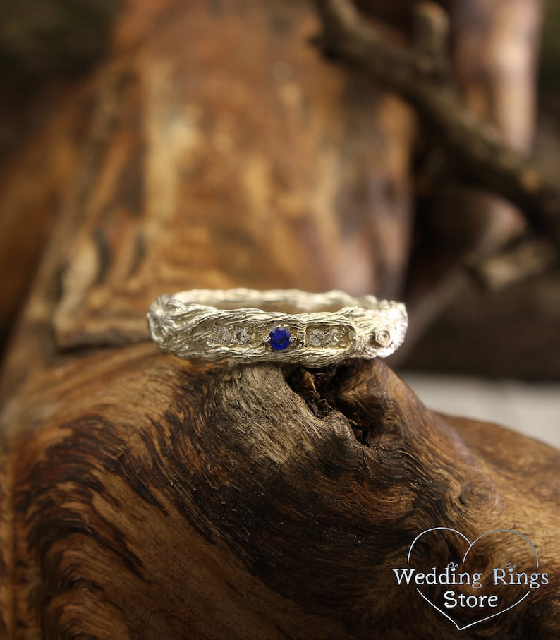 Unusual Tree bark Sapphire Wedding Ring adorned with side CZ Accents