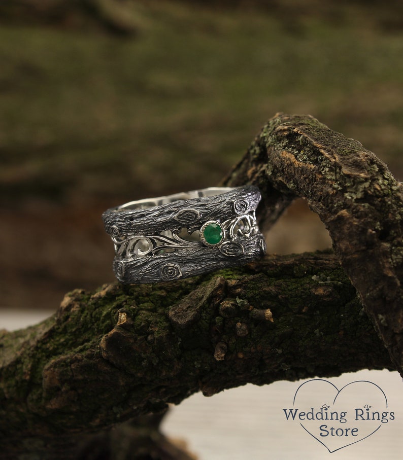 Vintage Silver Tree & Knot Emerald Wedding Band