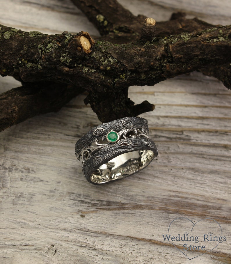 Vintage Silver Tree & Knot Emerald Wedding Band