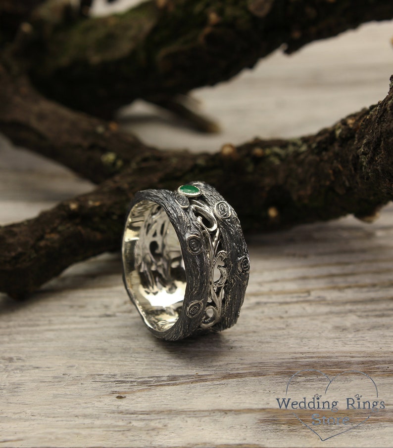 Vintage Silver Tree & Knot Emerald Wedding Band