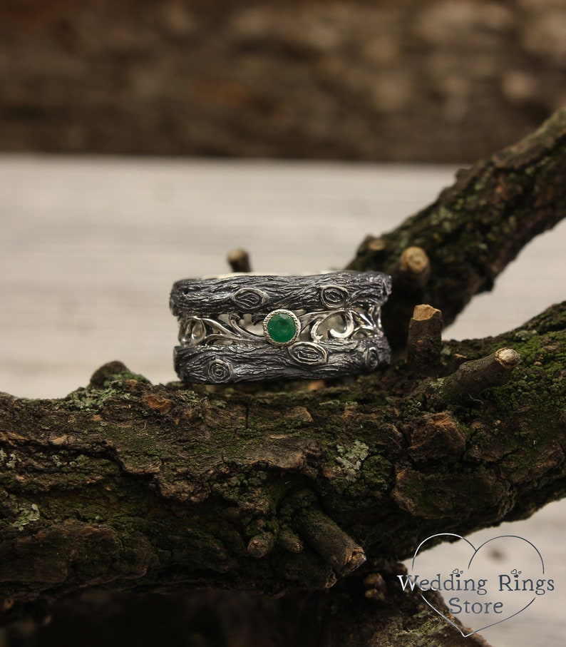 Vintage Silver Tree & Knot Emerald Wedding Band