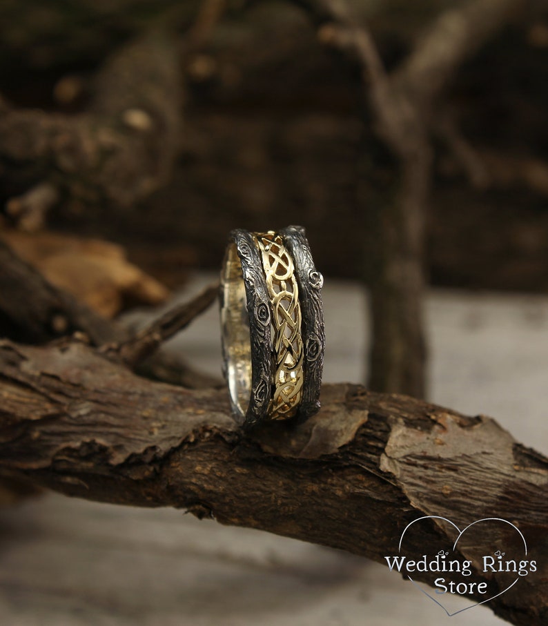 Celtic Wedding Band with Woodgrain in Mixed metals