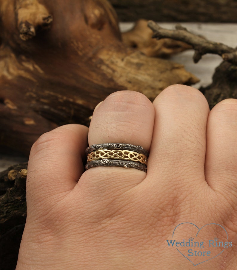 Celtic Wedding Band with Woodgrain in Mixed metals