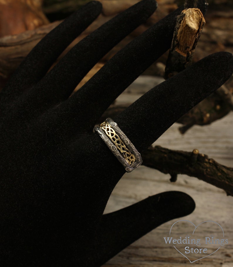 Celtic Wedding Band with Woodgrain in Mixed metals