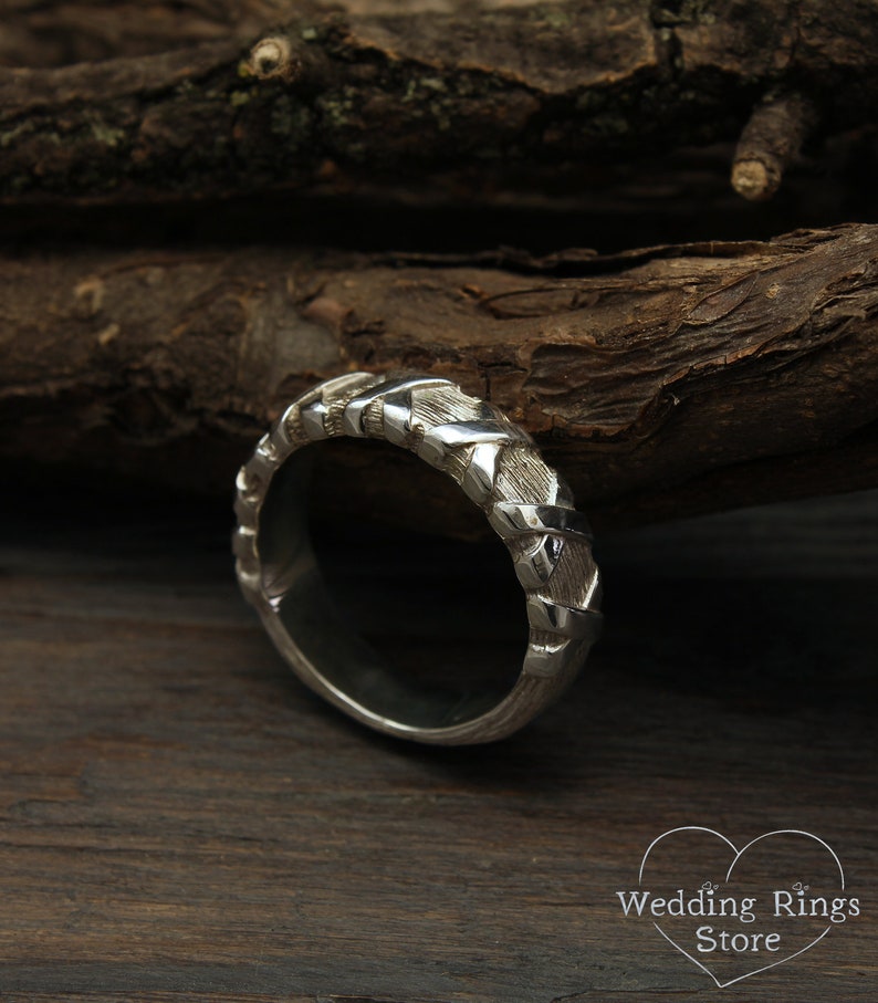 Cross and Tree bark textured Unique Silver Wedding Band