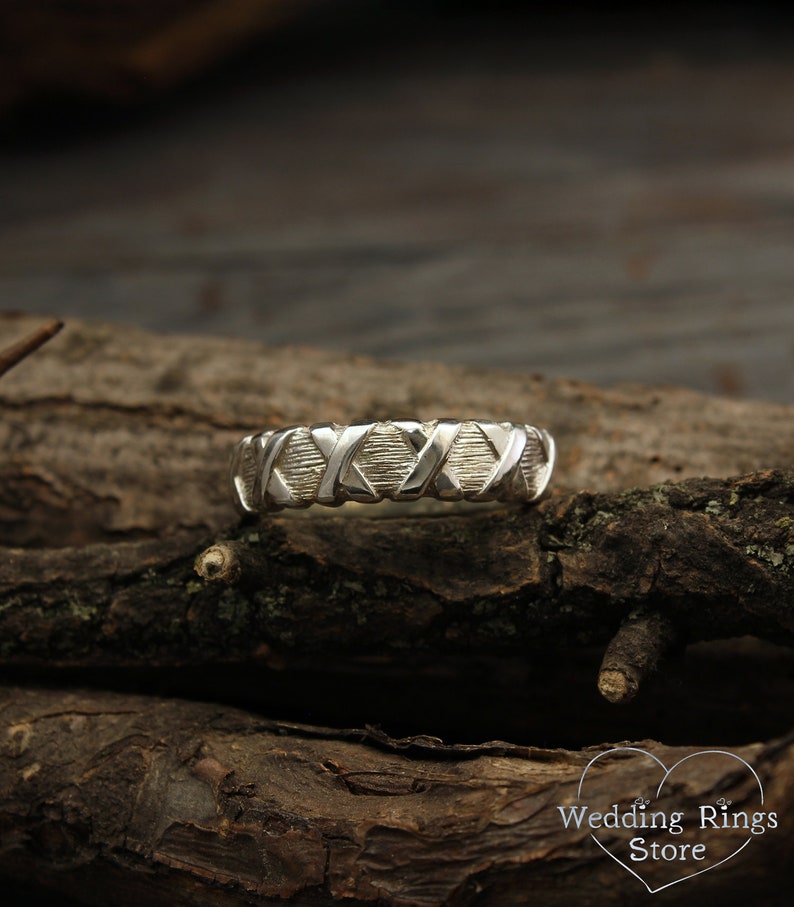 Cross and Tree bark textured Unique Silver Wedding Band