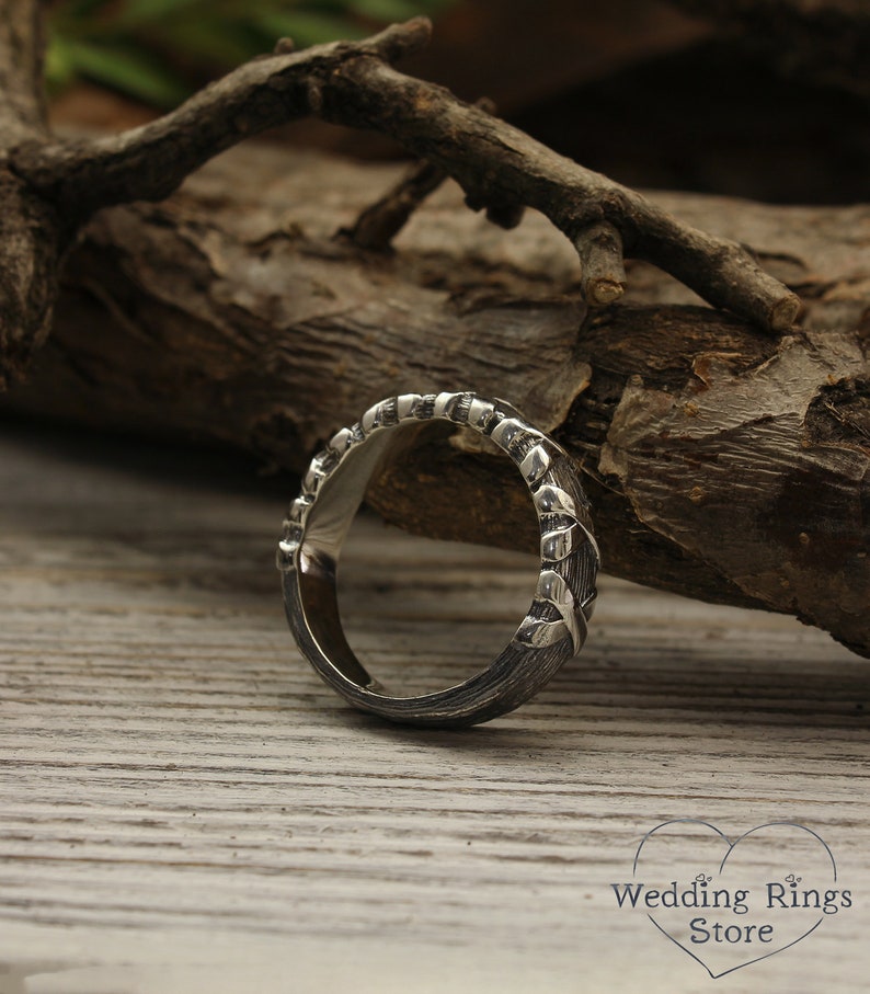 Cross and Tree bark textured Unique Silver Wedding Band