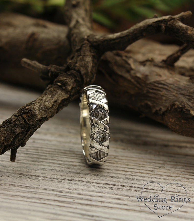 Cross and Tree bark textured Unique Silver Wedding Band