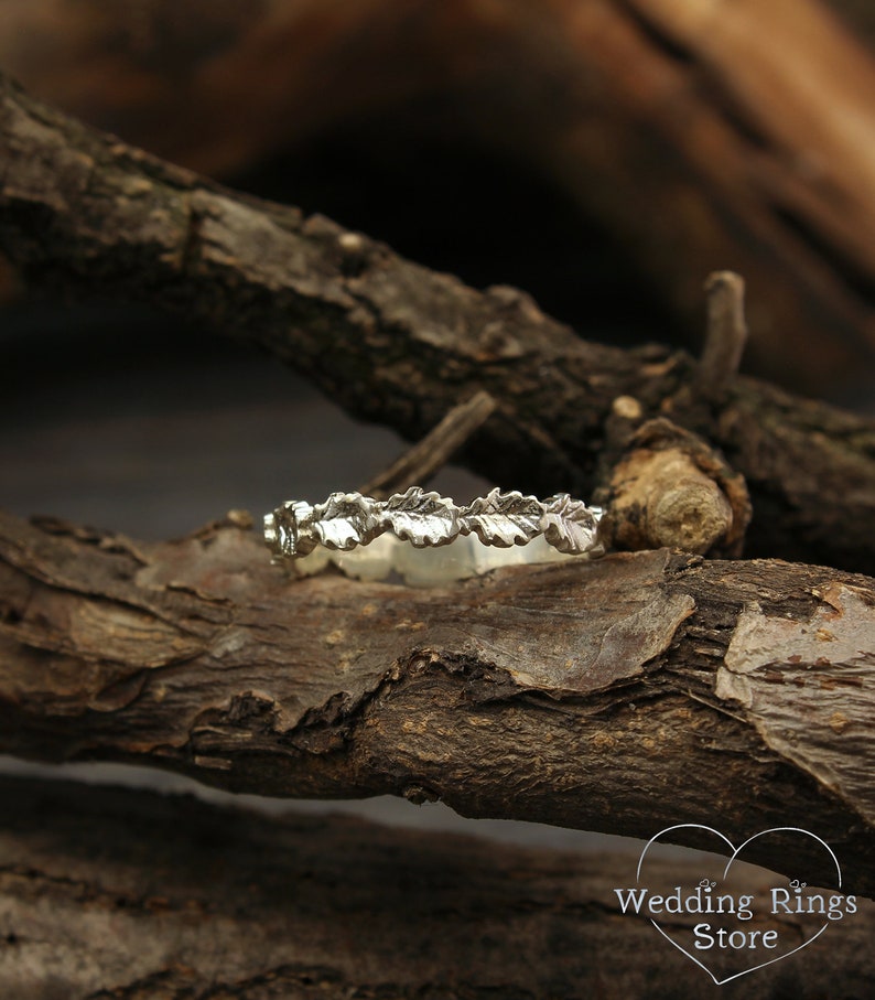 Oak Leaves & Woodbark Silver Wedding Band