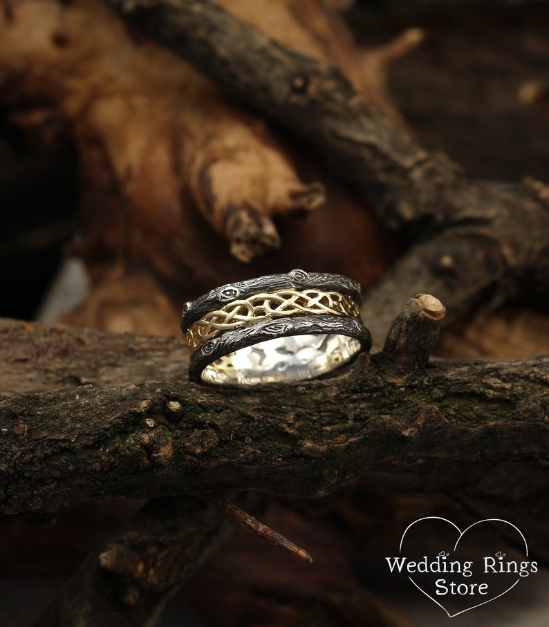 Celtic Wedding Band with Woodgrain in Mixed metals