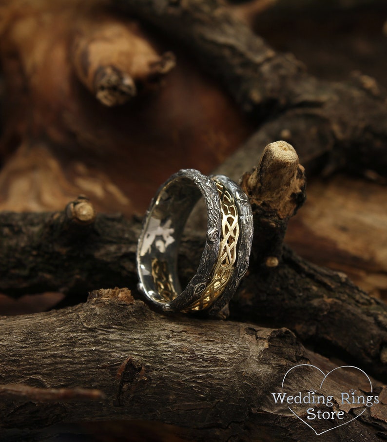 Celtic Wedding Band with Woodgrain in Mixed metals