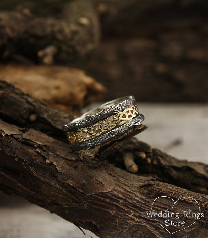 Celtic Wedding Band with Woodgrain in Mixed metals