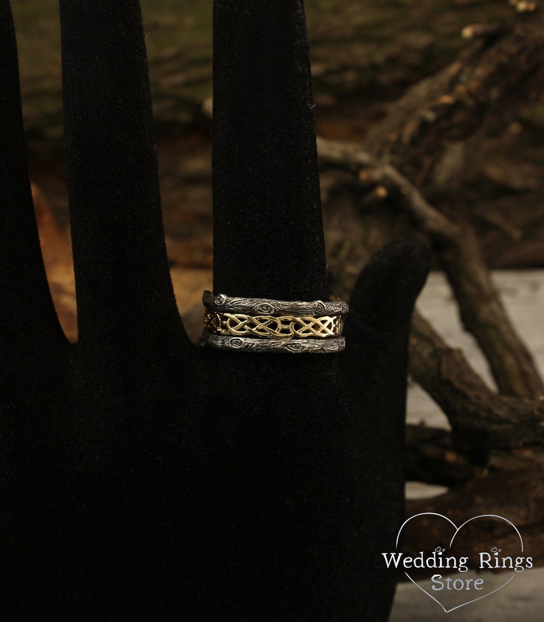 Celtic Wedding Band with Woodgrain in Mixed metals