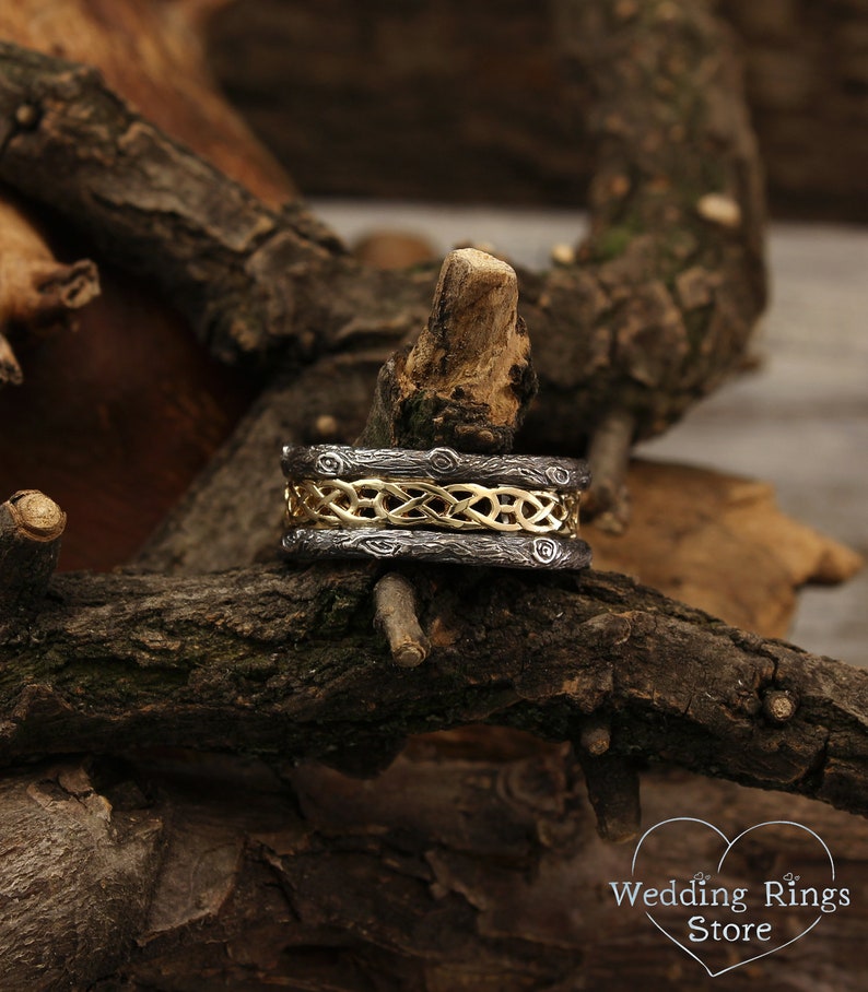 Celtic Wedding Band with Woodgrain in Mixed metals