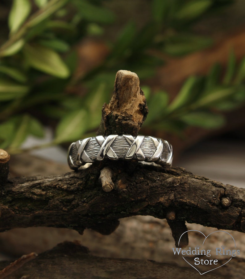 Cross and Tree bark textured Unique Silver Wedding Band