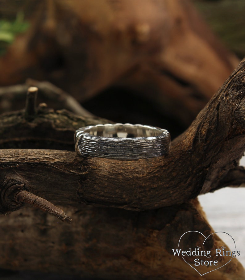 Cross and Tree bark textured Unique Silver Wedding Band