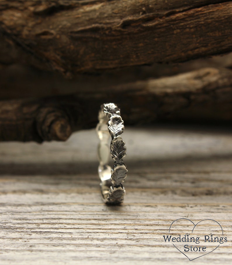 Oak Leaves & Woodbark Silver Wedding Band