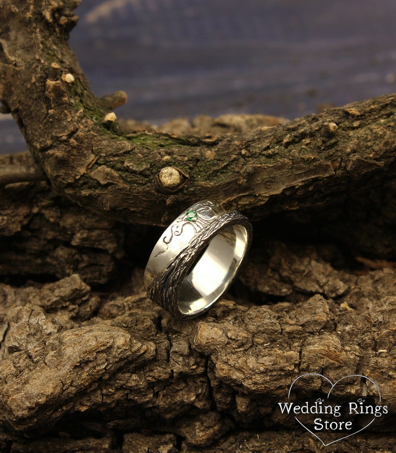 Family Tree Silver Wedding Ring band with Emerald